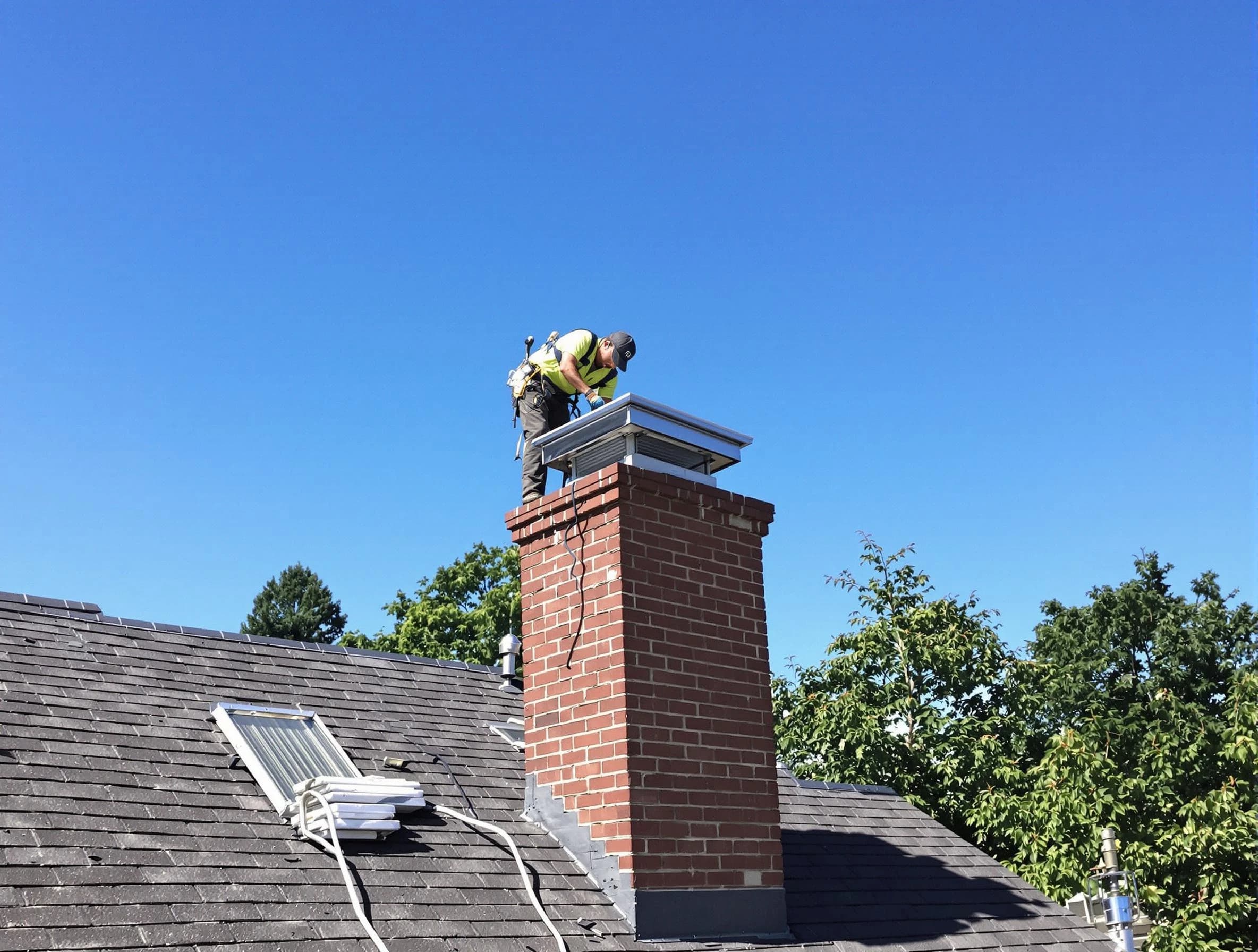 Midlothian Chimney Sweep technician measuring a chimney cap in Midlothian, VA